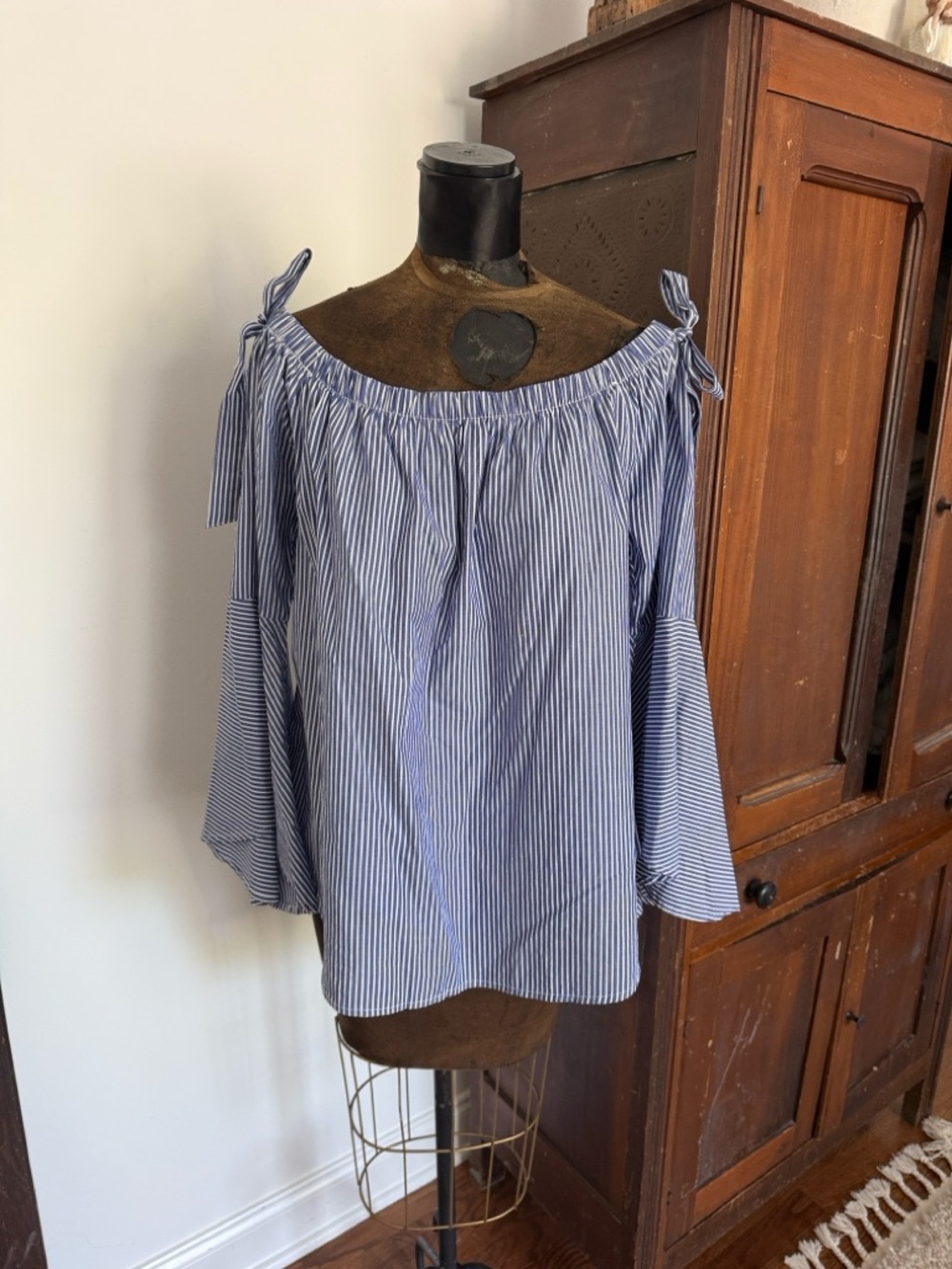 Blue and White Striped Off-Shoulder Tie-Sleeve Top - NWOT